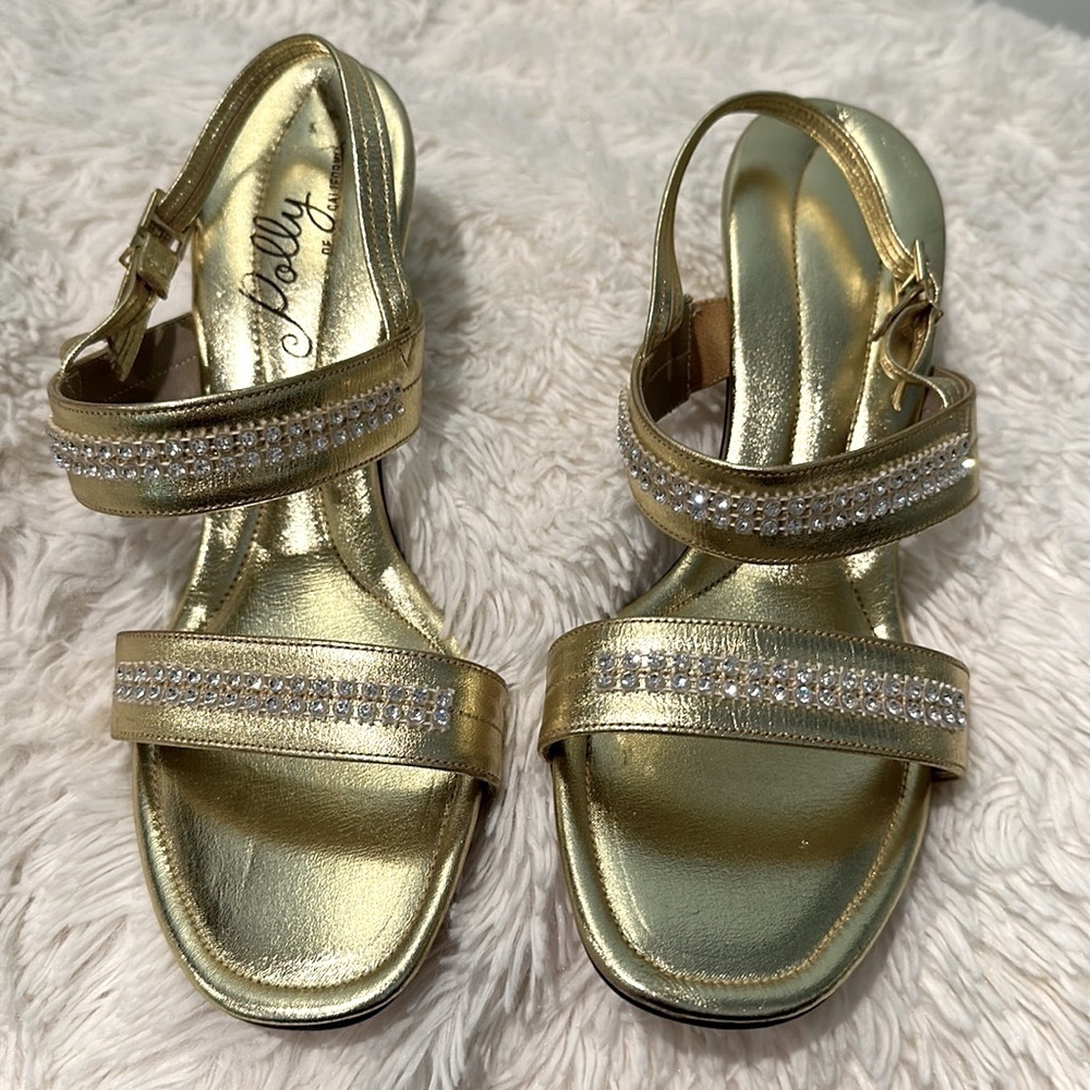 Vintage Polly of California Gold Leather Strappy Heels with Sparkly Rhinestones - Picture 2 of 13
